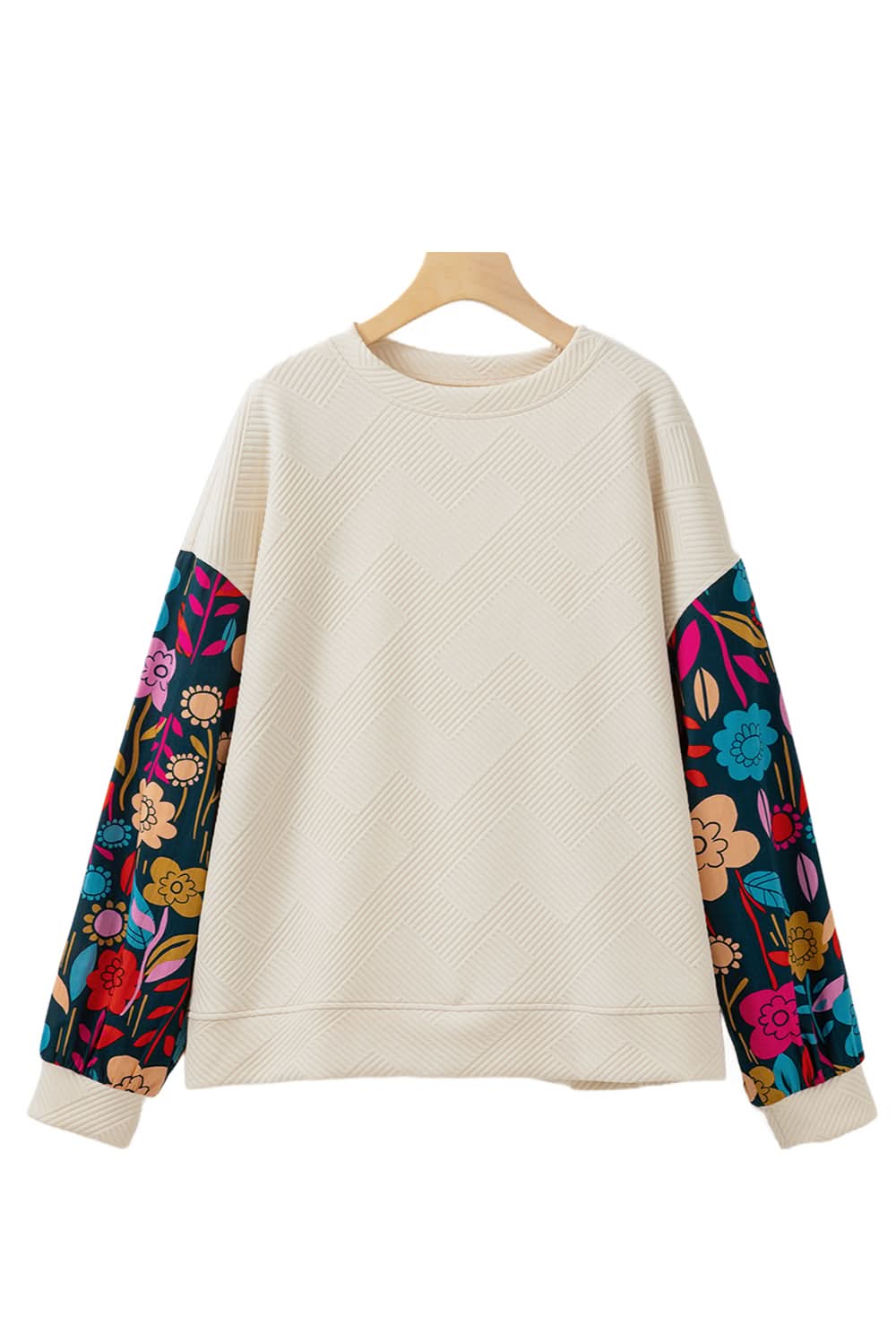 White Floral Patchwork Sleeve Textured Plus Size Pullover Top - Love Salve
